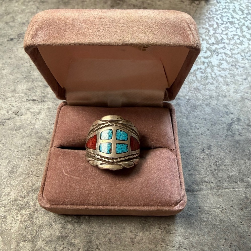 Vintage Southwestern Turquoise and Coral Inlaid Silver Tone Ring Men's Size 10